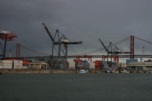 a port with cranes and a bridge