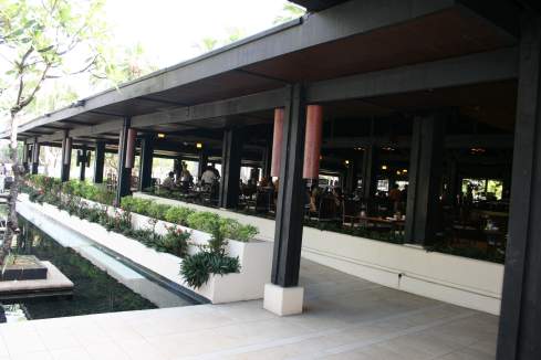 a restaurant with a large patio