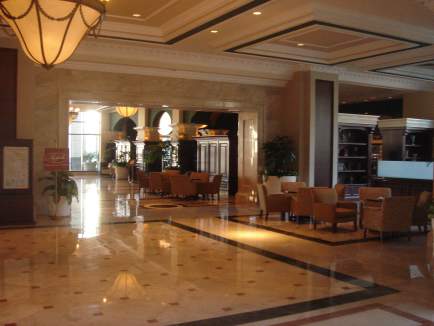 a large lobby with a large chandelier
