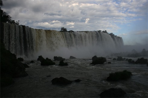 Iguazu Falls with rocks and clouds