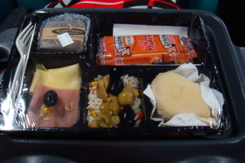 a tray of food on a seat