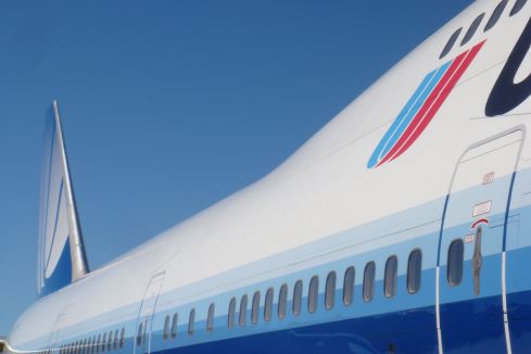 close-up of a plane with blue sky