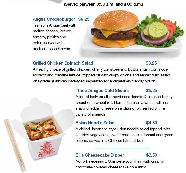 a menu with a burger and salad