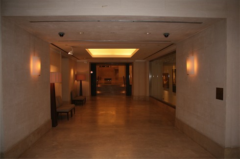 a hallway with a light on the ceiling