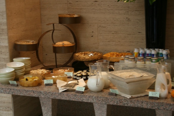 a buffet table with food items