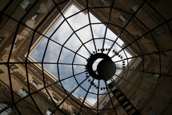 looking up at a glass ceiling