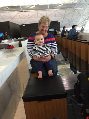 Cathay Pacific lounge with Lucy and her grandmother