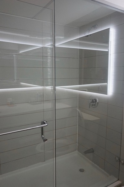 a glass shower door with a mirror