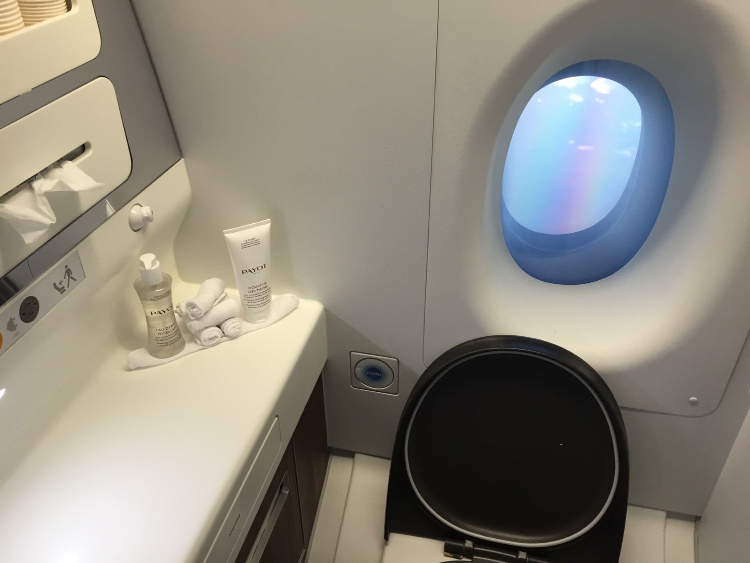 a toilet seat in a plane