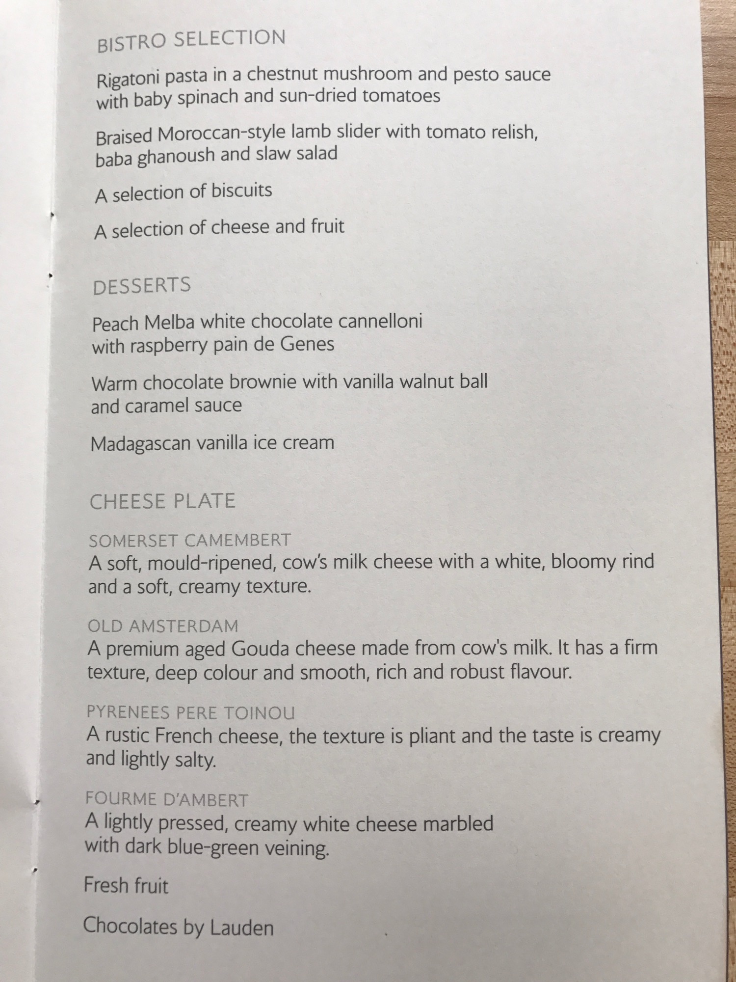 a menu of food on a table