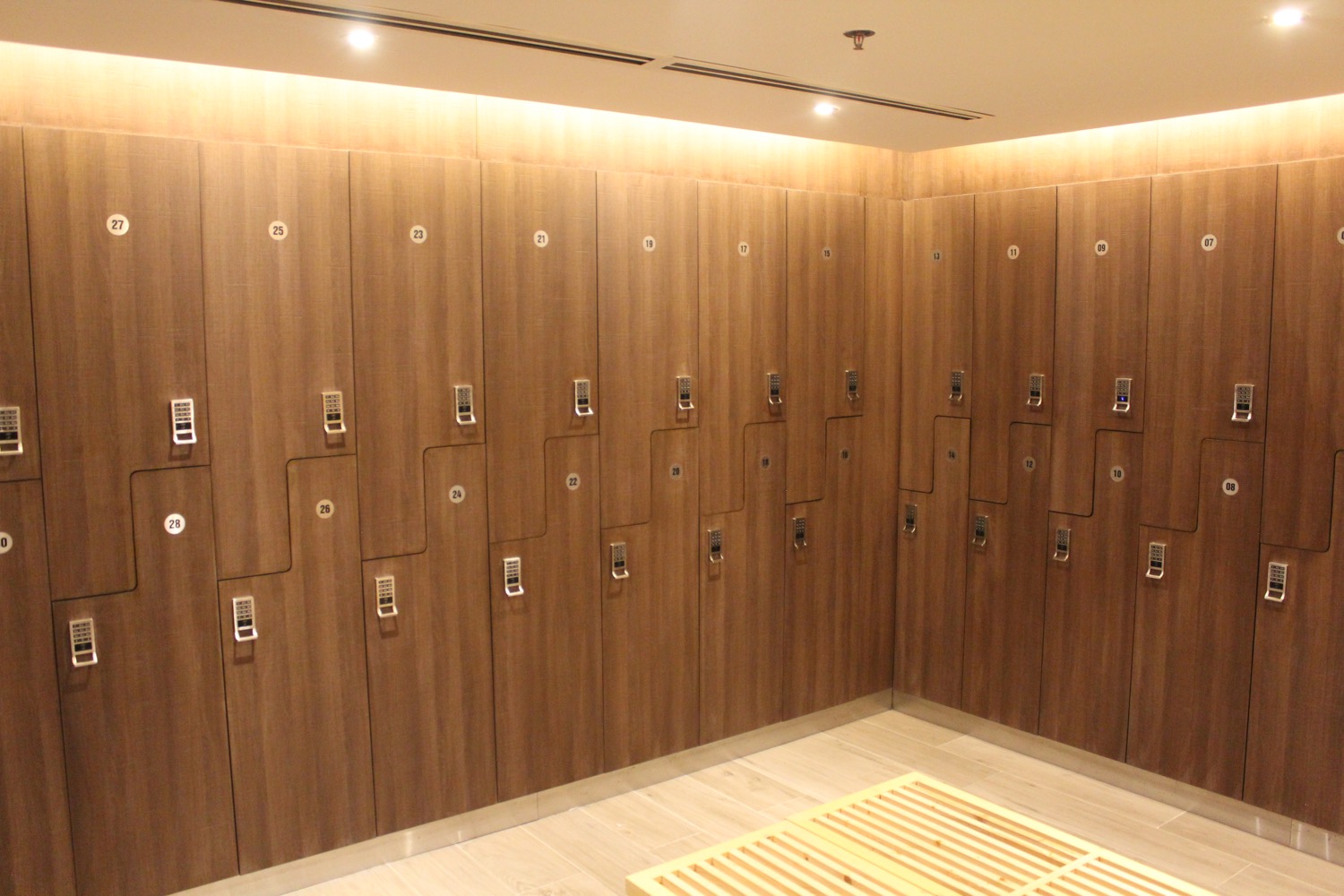 a locker room with many lockers