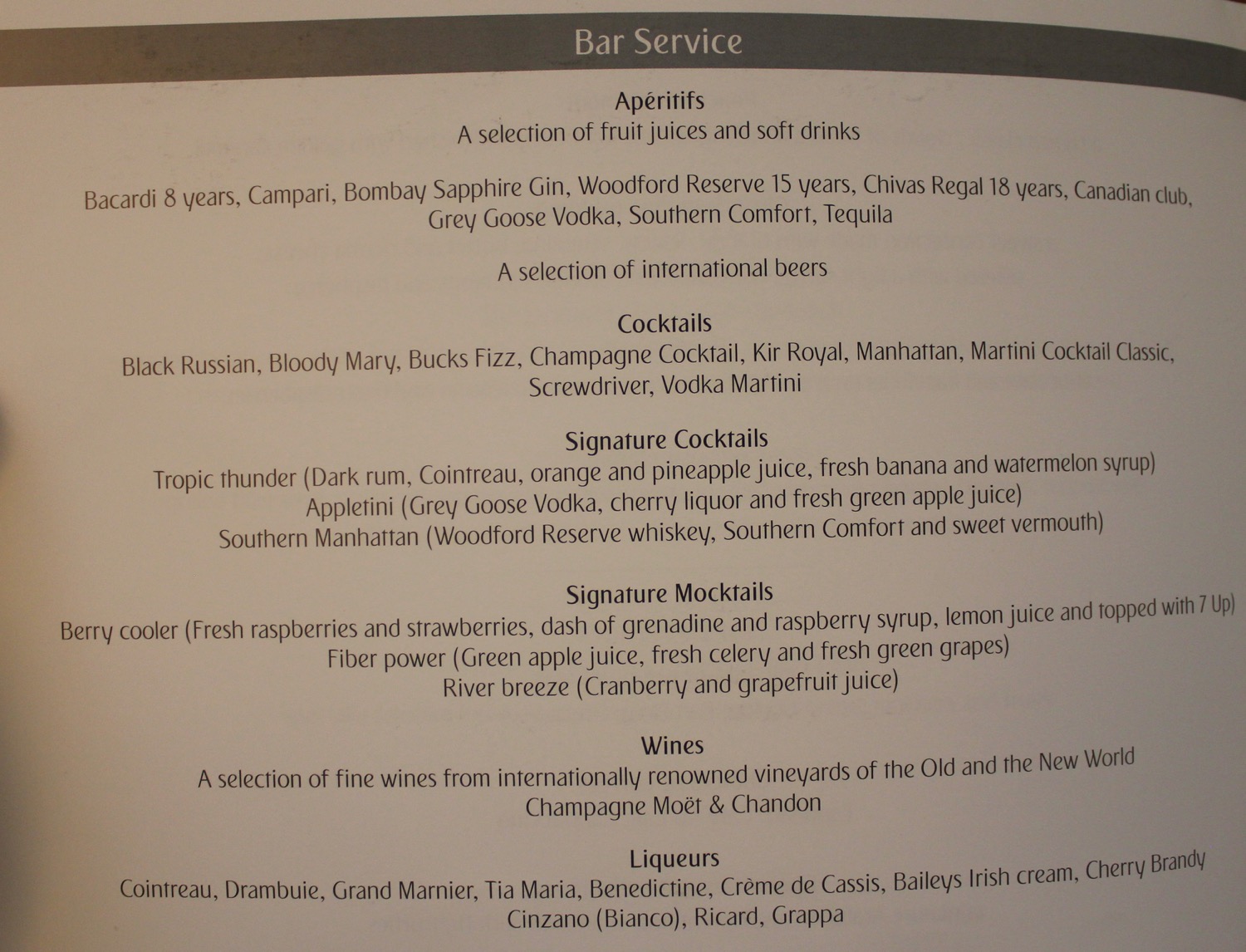 a menu of a bar service