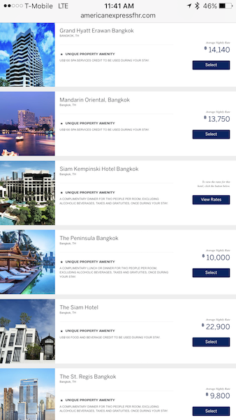 Laughable rates for the Grand Hyatt Erawan from American Express Fine Hotels and Resorts.