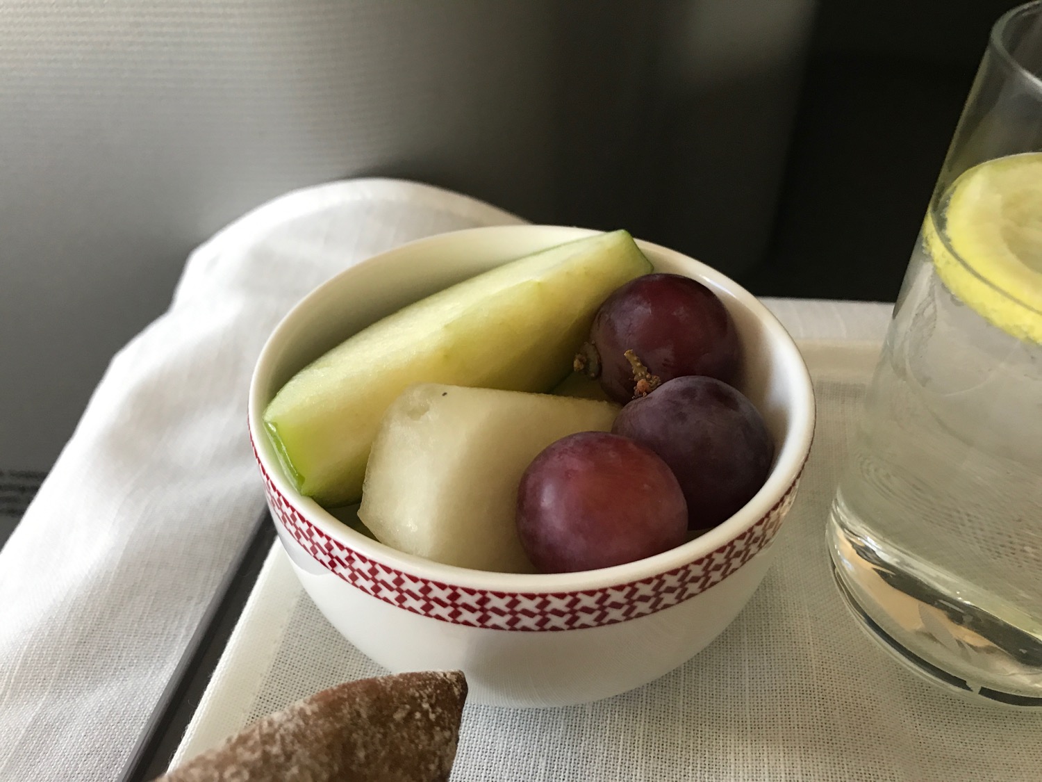 a bowl of fruit and a glass of water