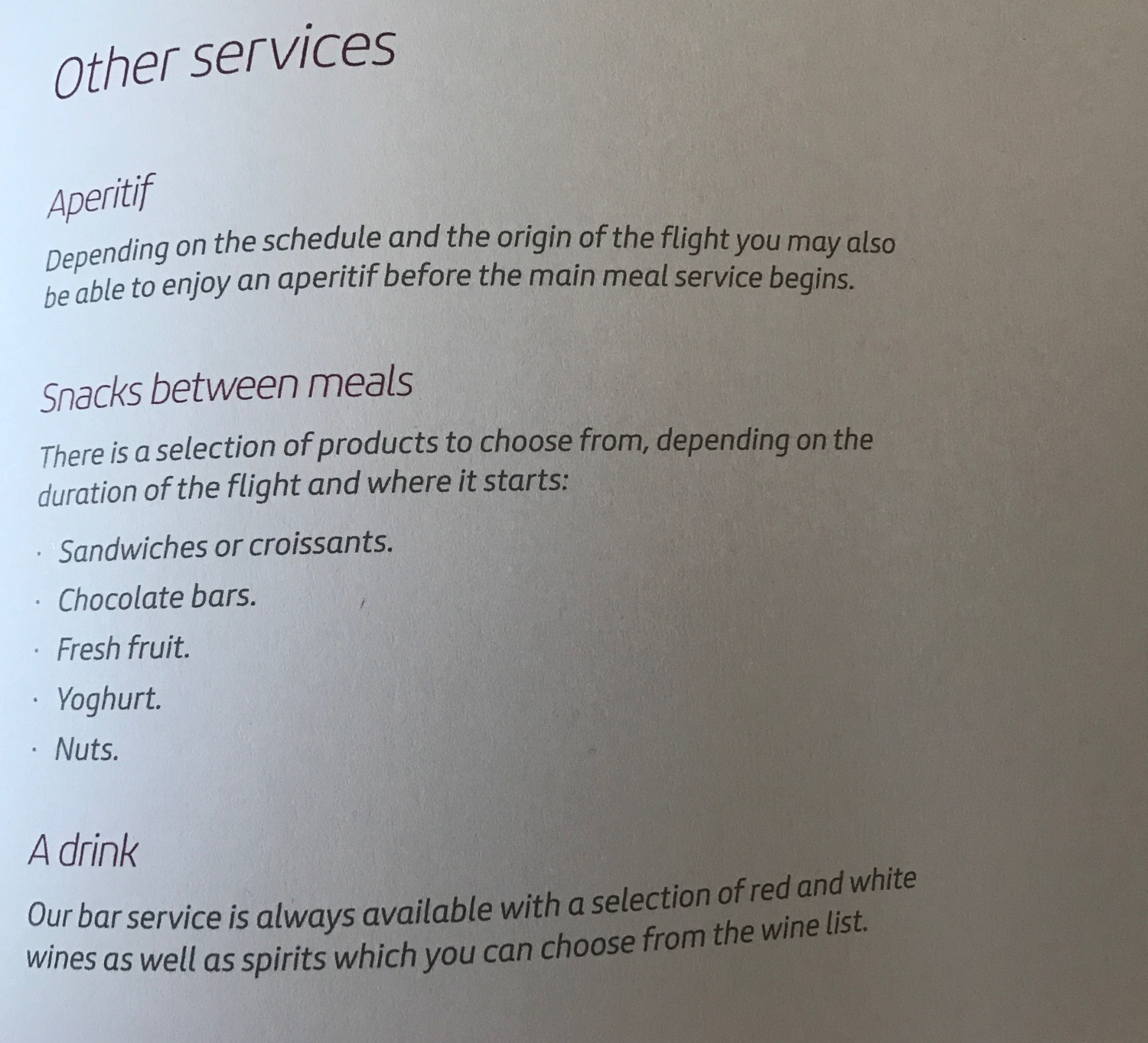 a menu of a flight