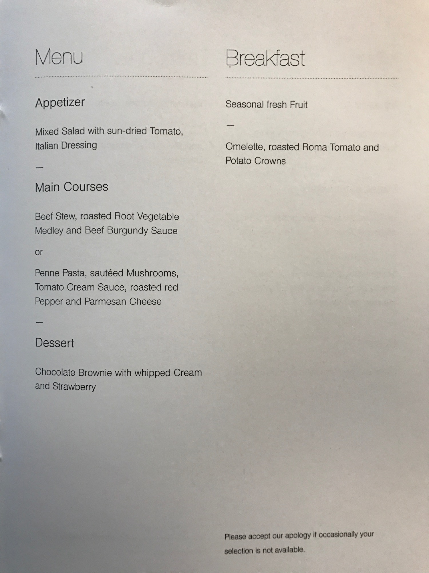 a menu with black text