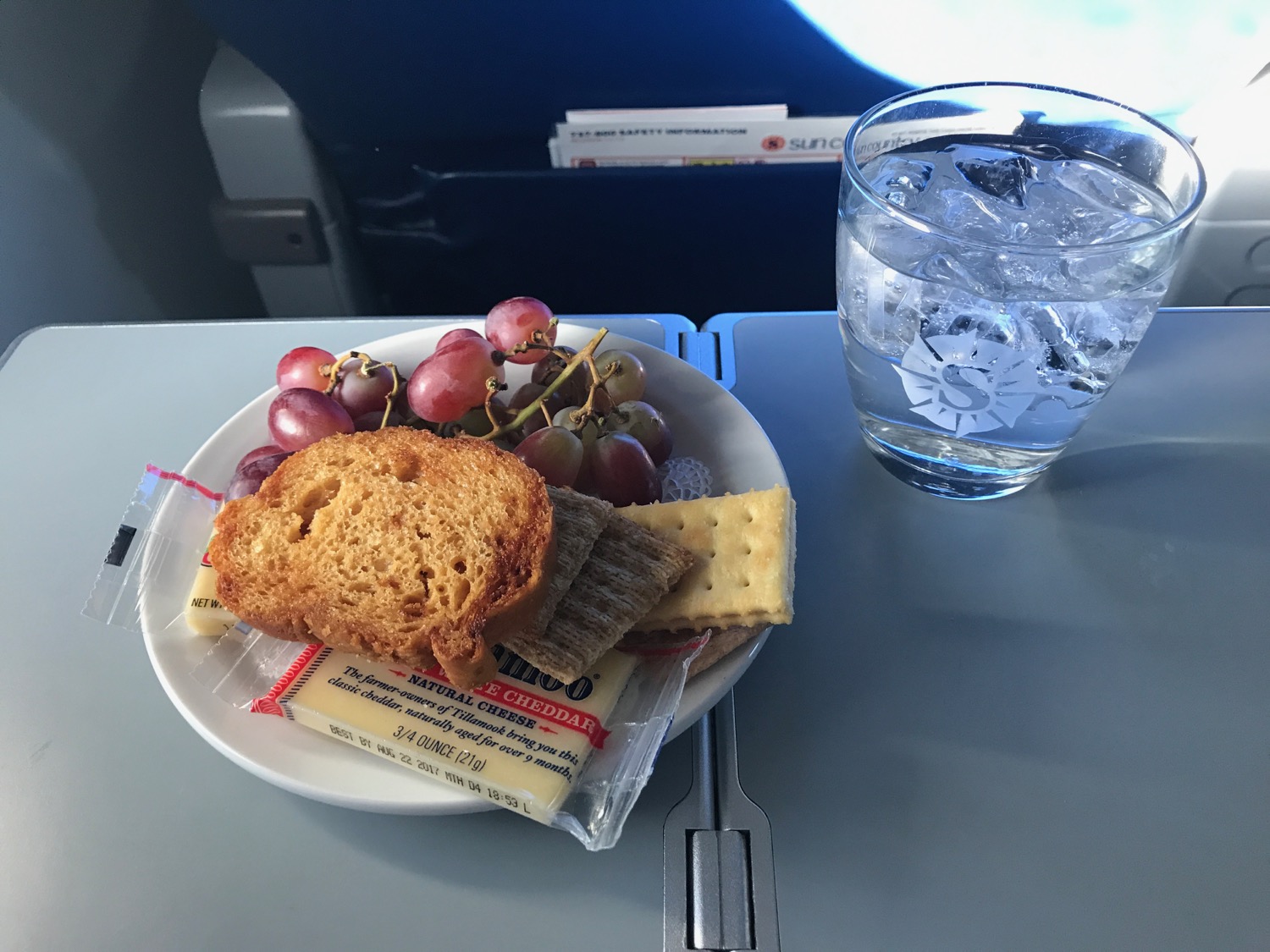 a plate of food and a glass of water on a plane