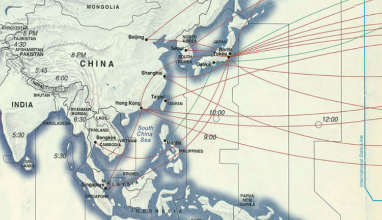 a map of asia with red lines