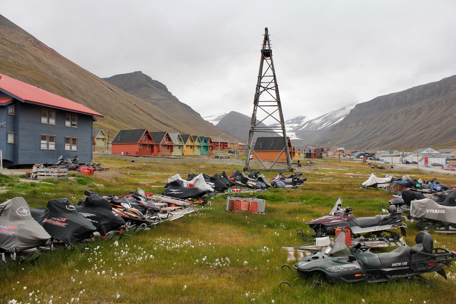 a group of snowmobiles parked in a field