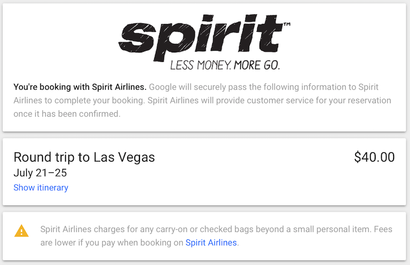 Booking Spirit With Google payment screen