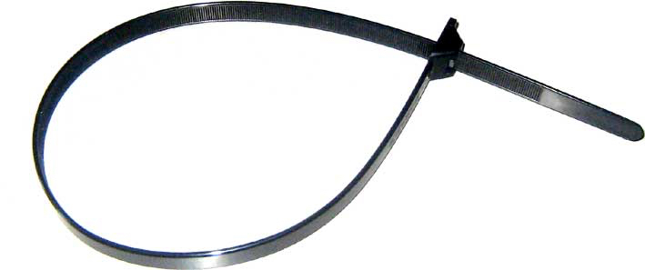 a black cable tie with a metal clamp