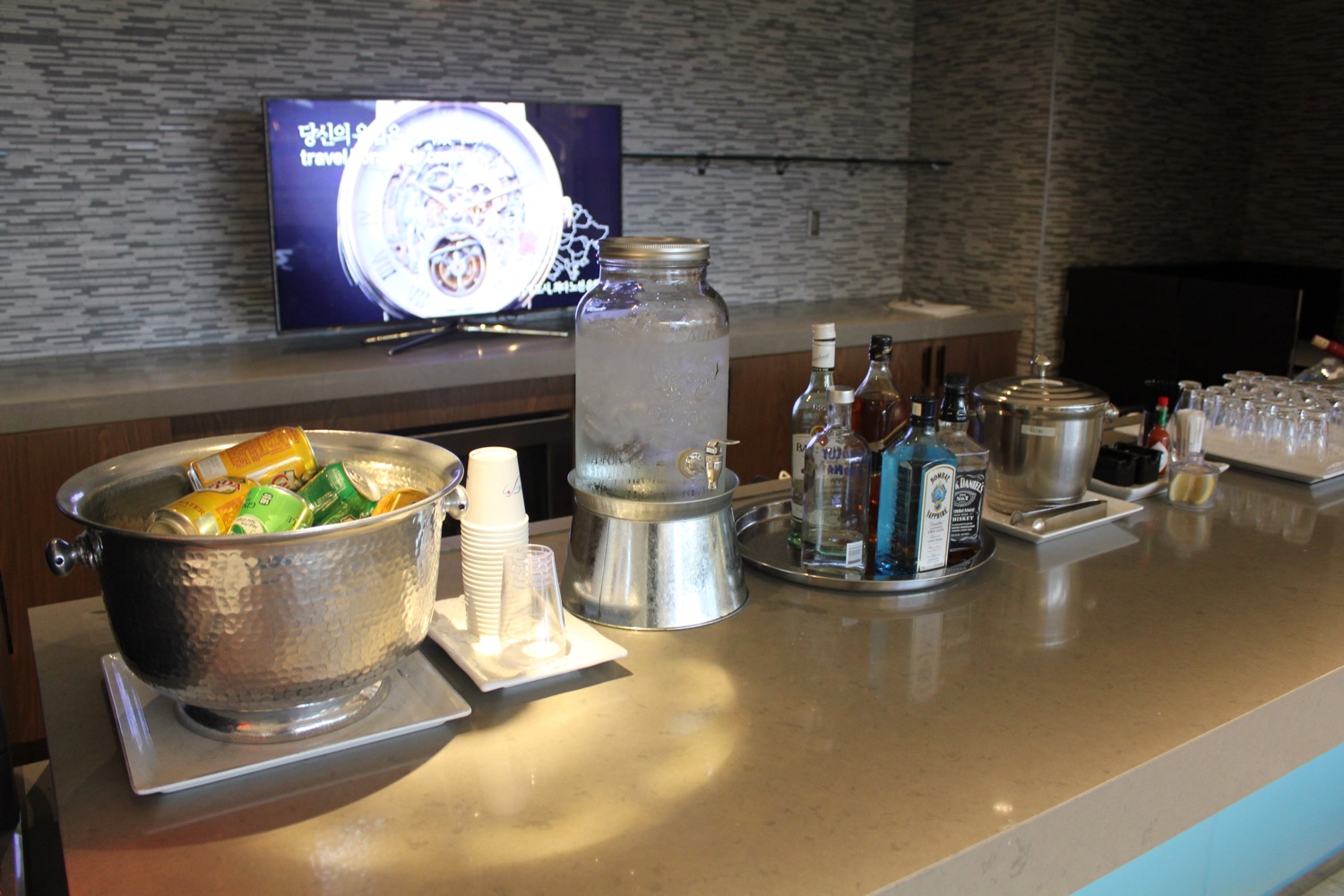 a bar with a bowl of food and drinks