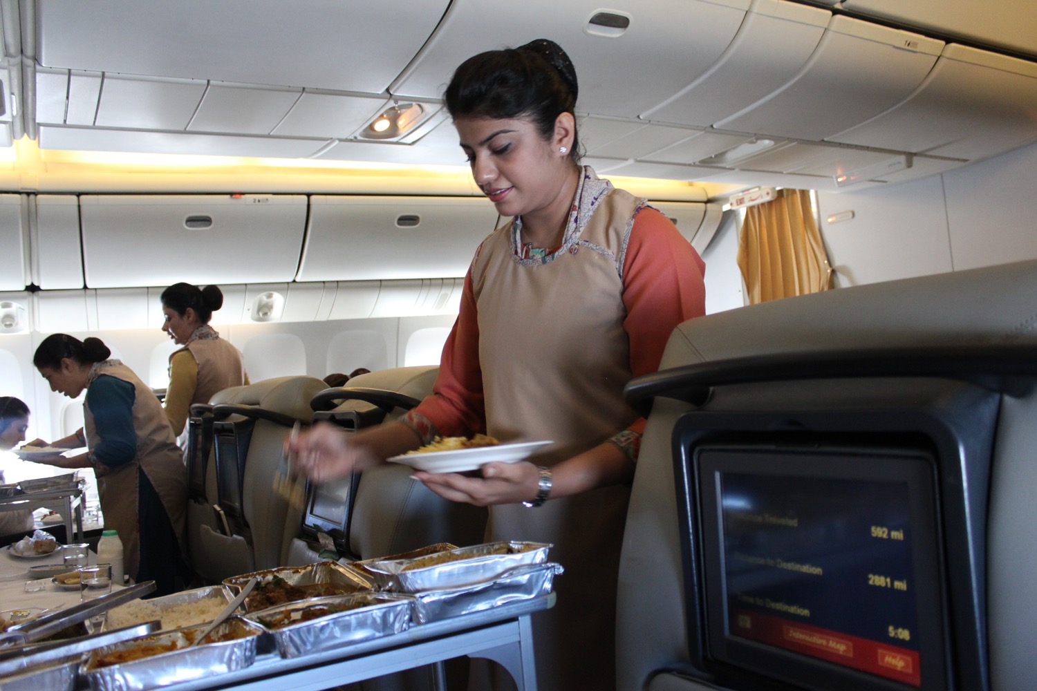 a woman in an airplane serving food
