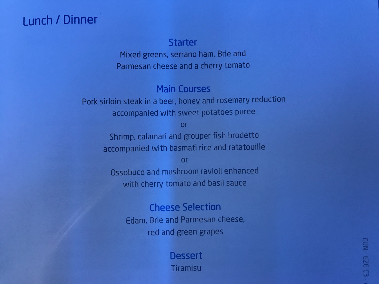 a menu on a blue background