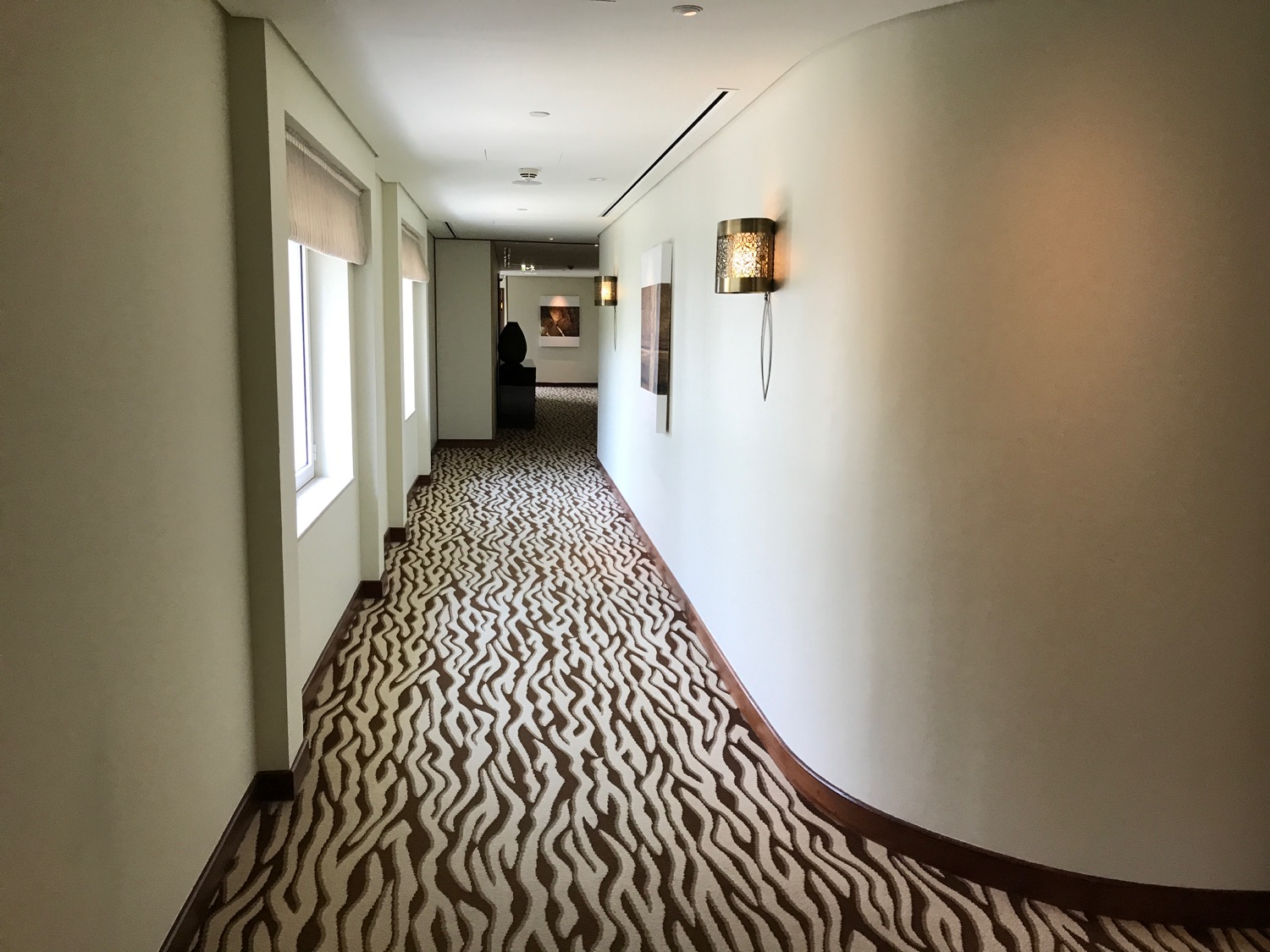 a hallway with zebra carpet and lights