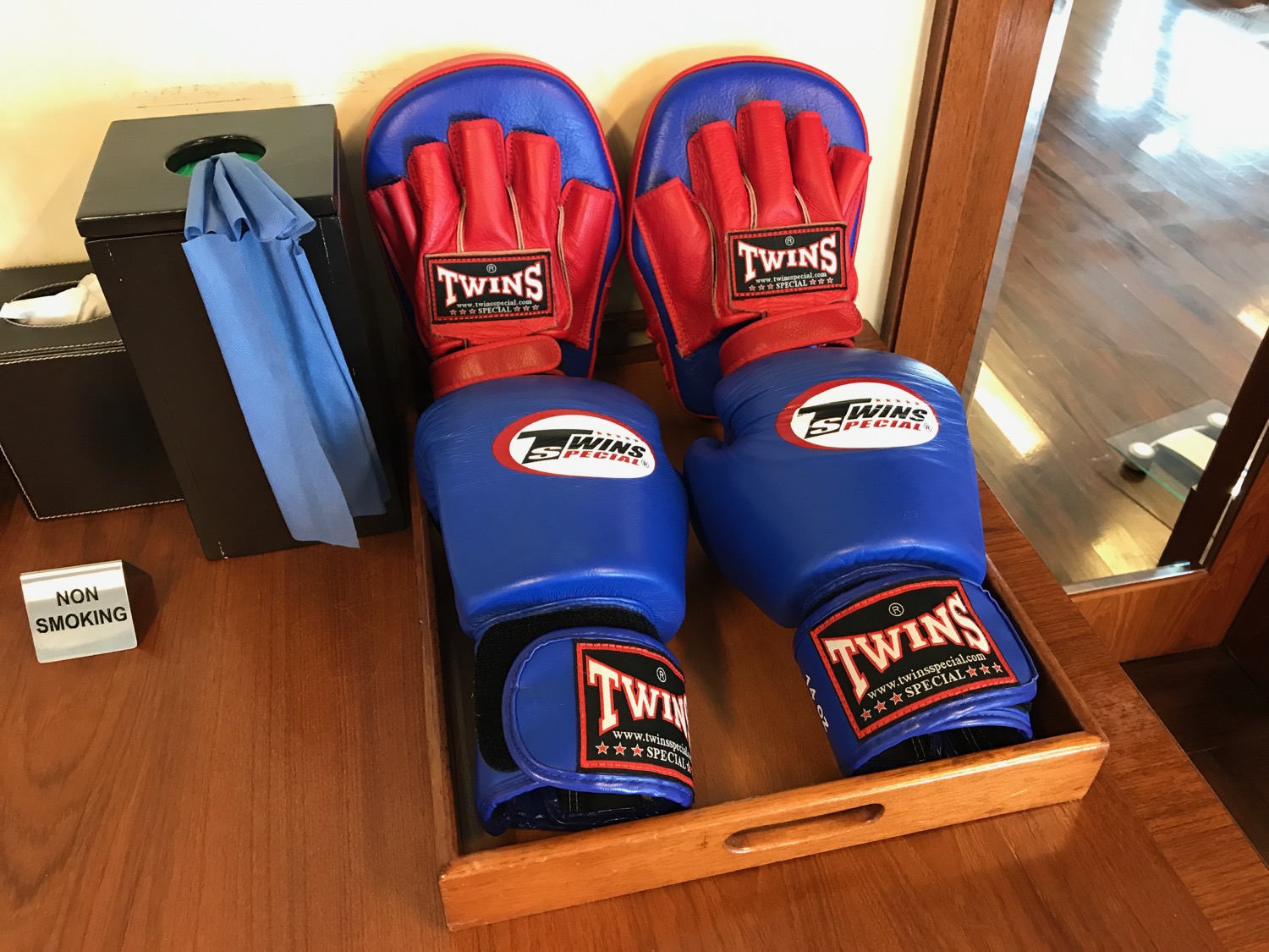a pair of boxing gloves on a tray