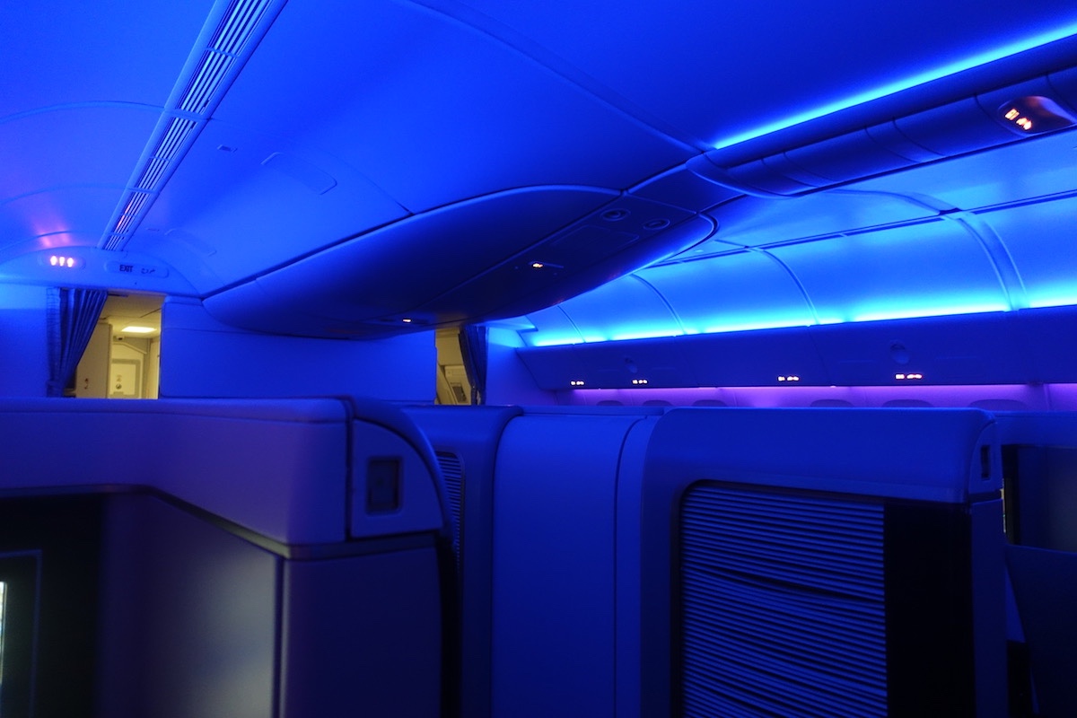 Inside the airplane with blue lights