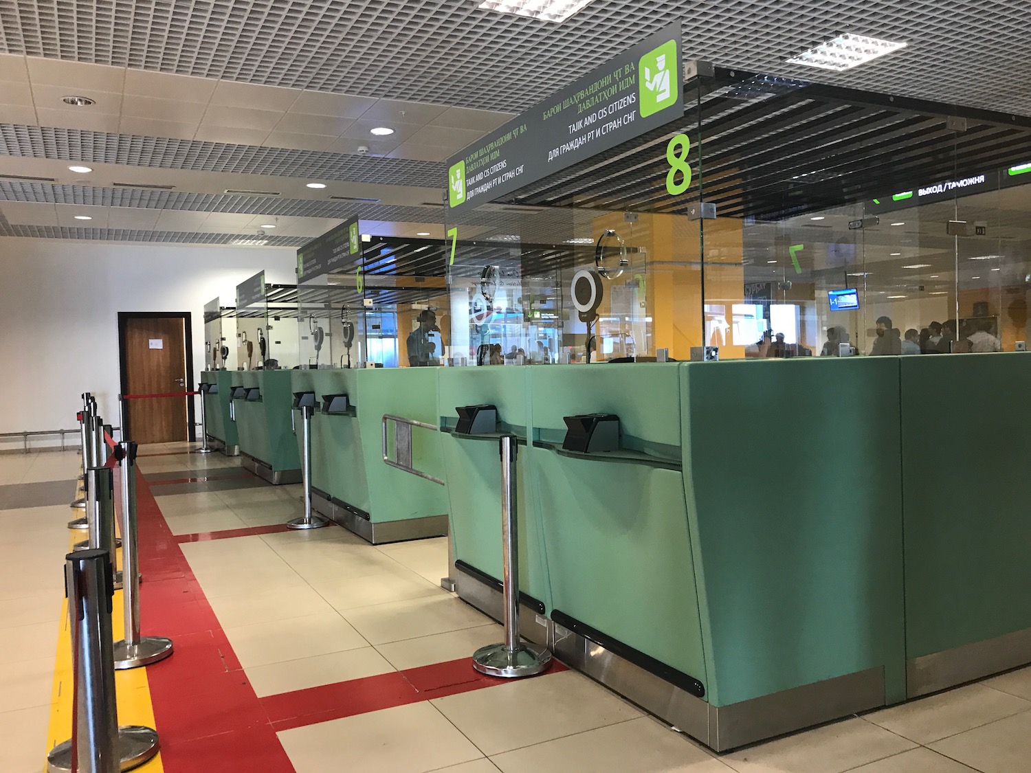 a green counter in a building