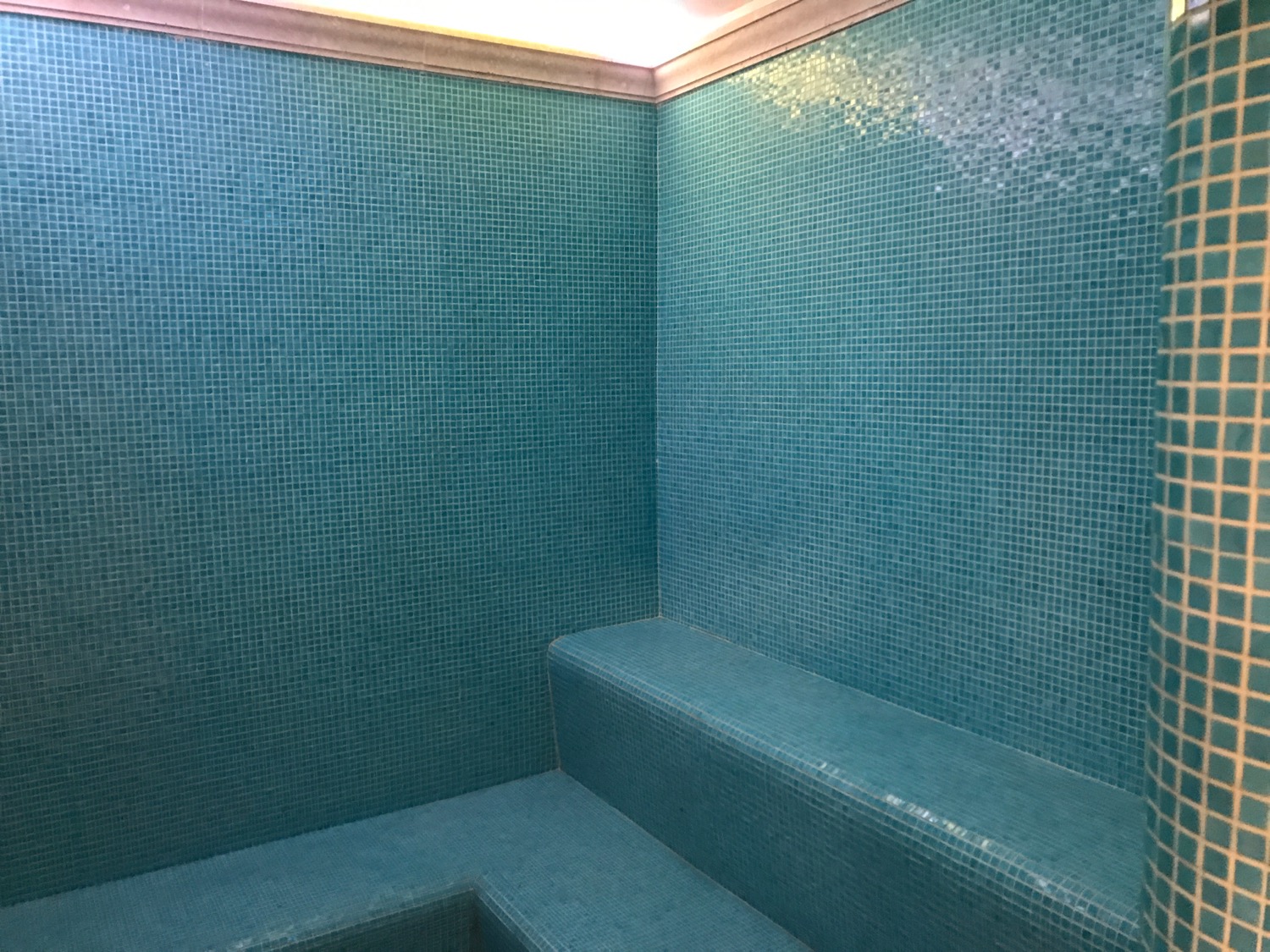 a blue tiled shower with steps