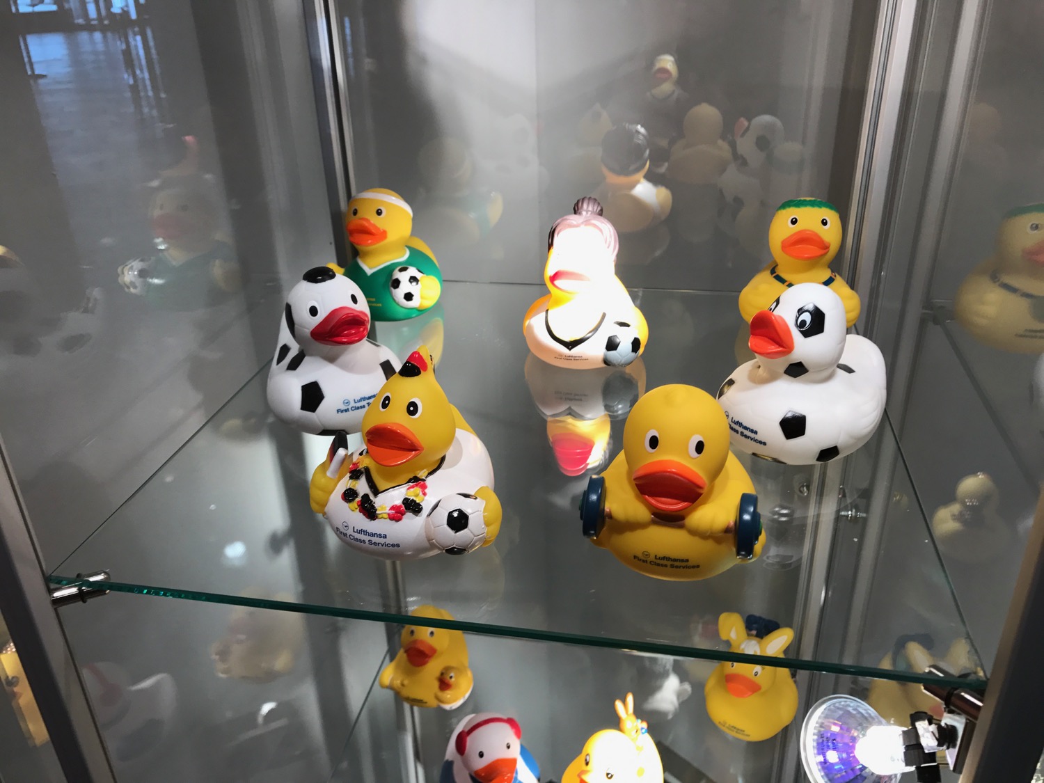 a group of rubber ducks in a glass case