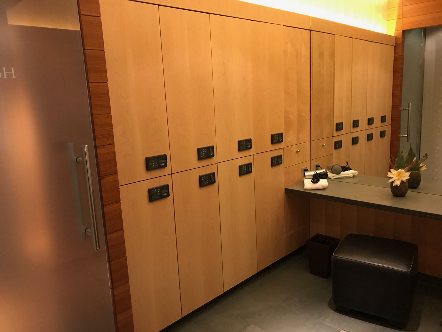 a locker room with a counter and a table