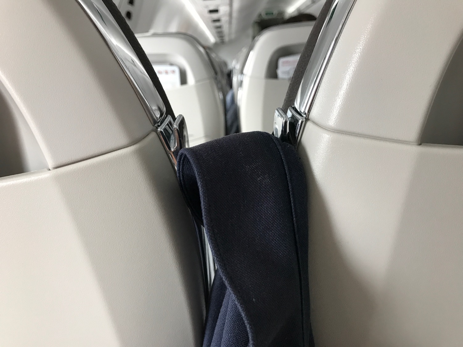 a blue bag from the back of a seat