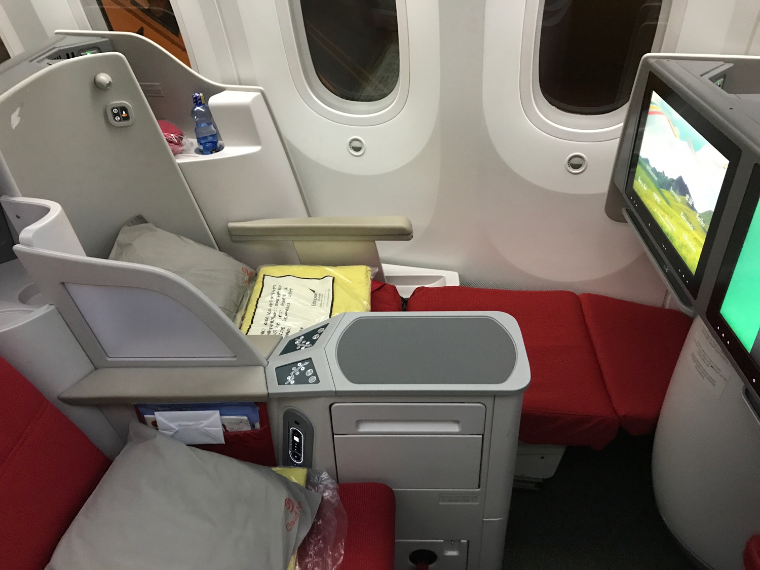 a seat and a tv in a plane