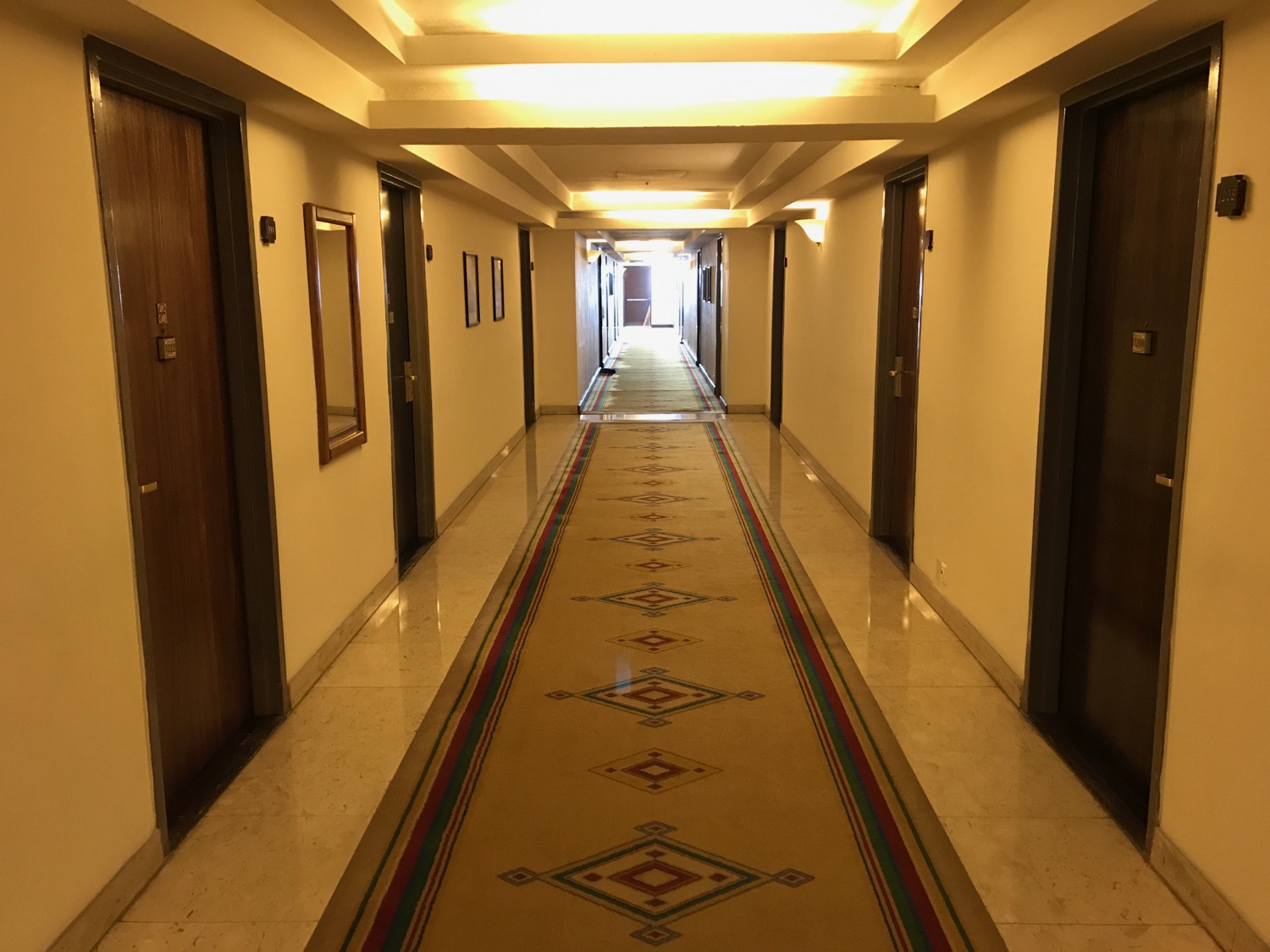 a hallway with a carpet and doors