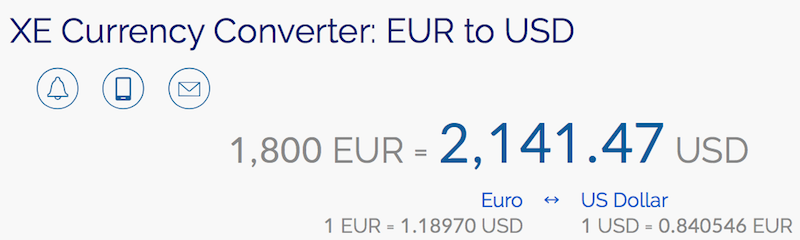 €1,800 converted to $2,141 USD