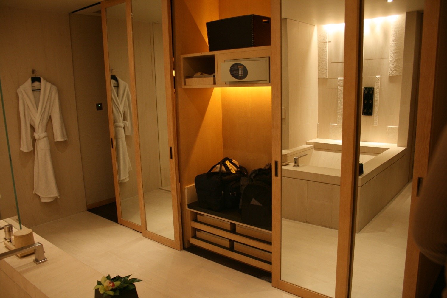 a room with a closet and a bathtub