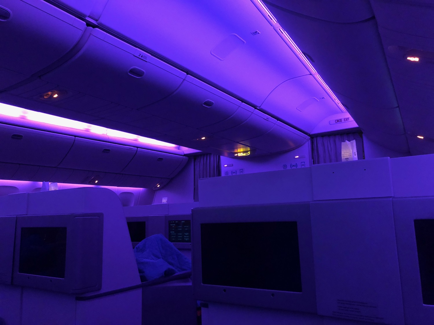 a purple light in an airplane