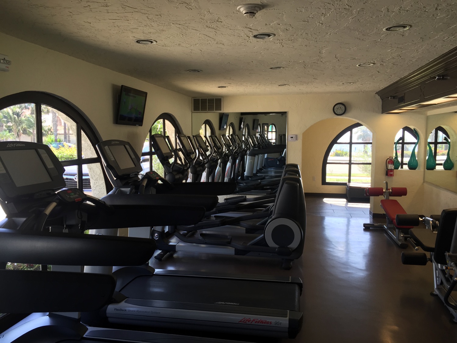 a room with treadmills and a row of windows
