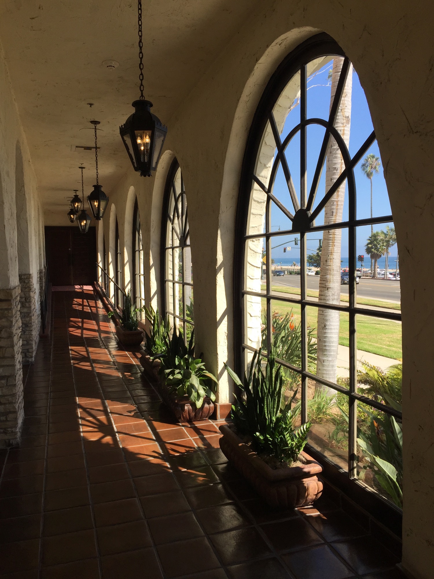 a hallway with arched windows and plants