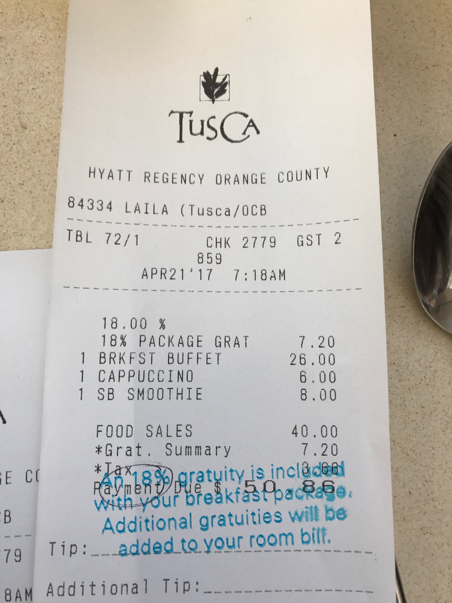 a receipt of food on a table