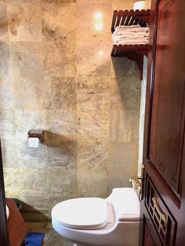 a bathroom with a toilet and a shelf