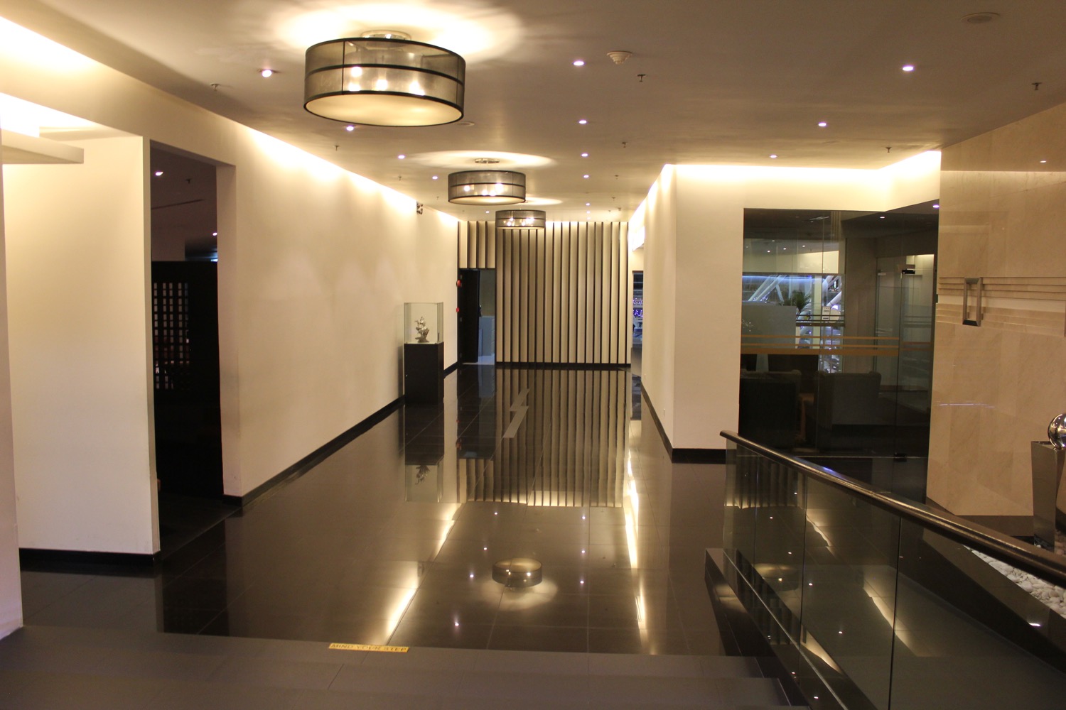 a hallway with a black floor and a glass railing