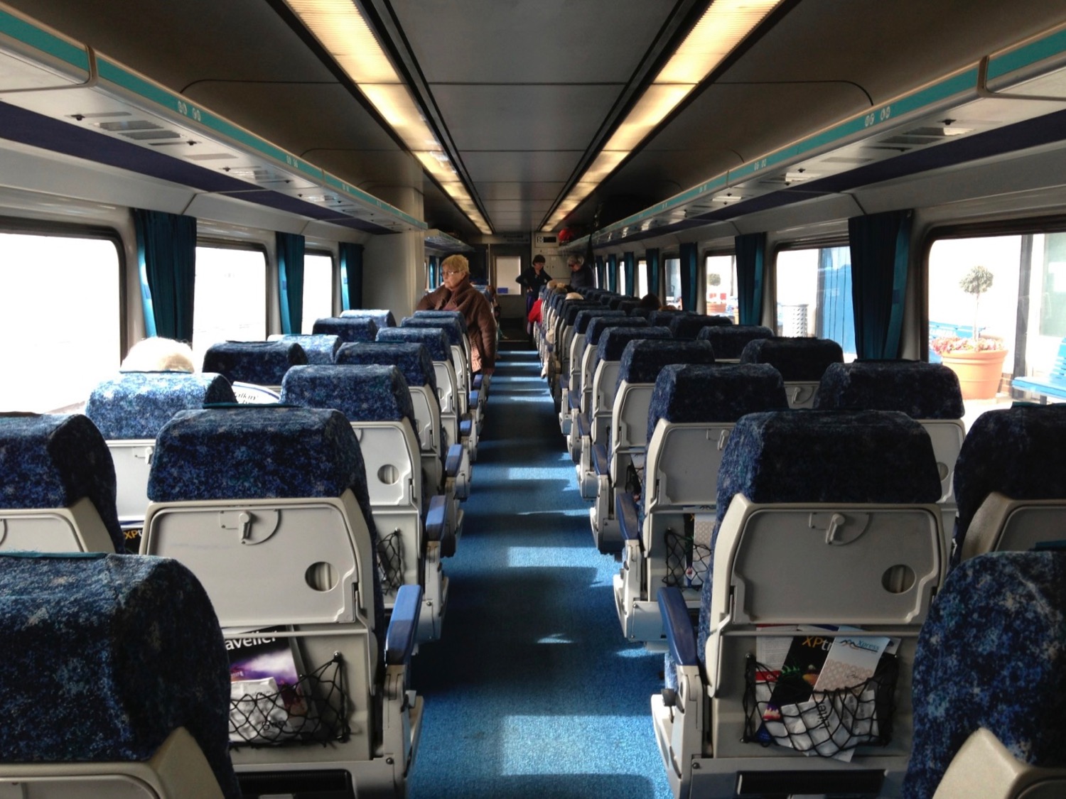 a train with blue seats