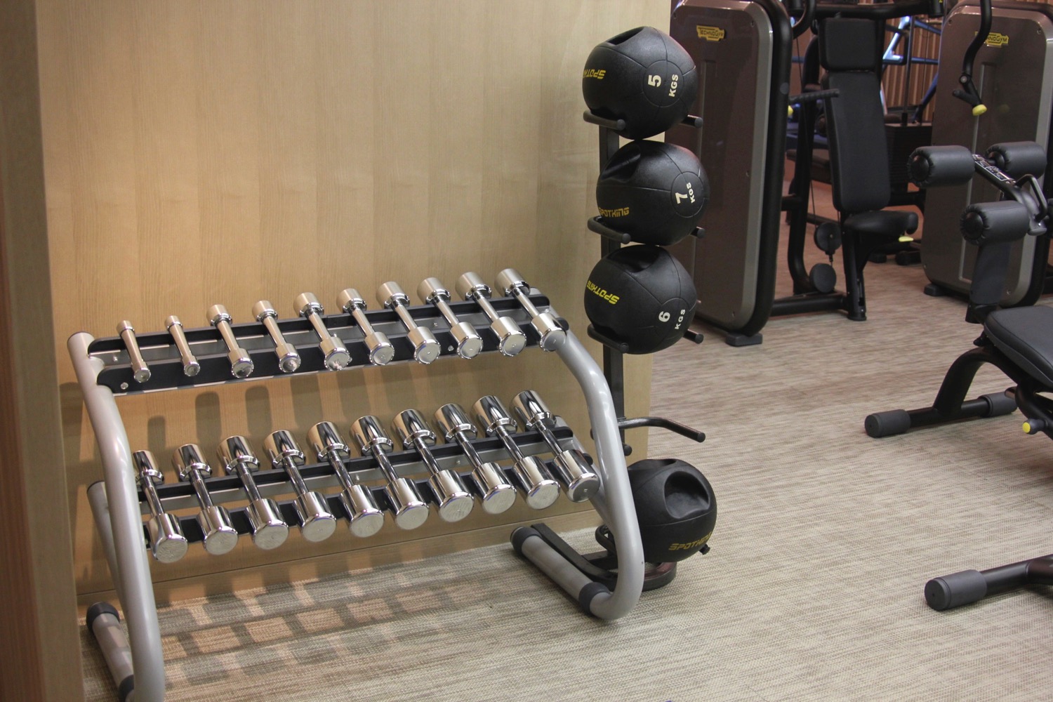a group of weights on a rack