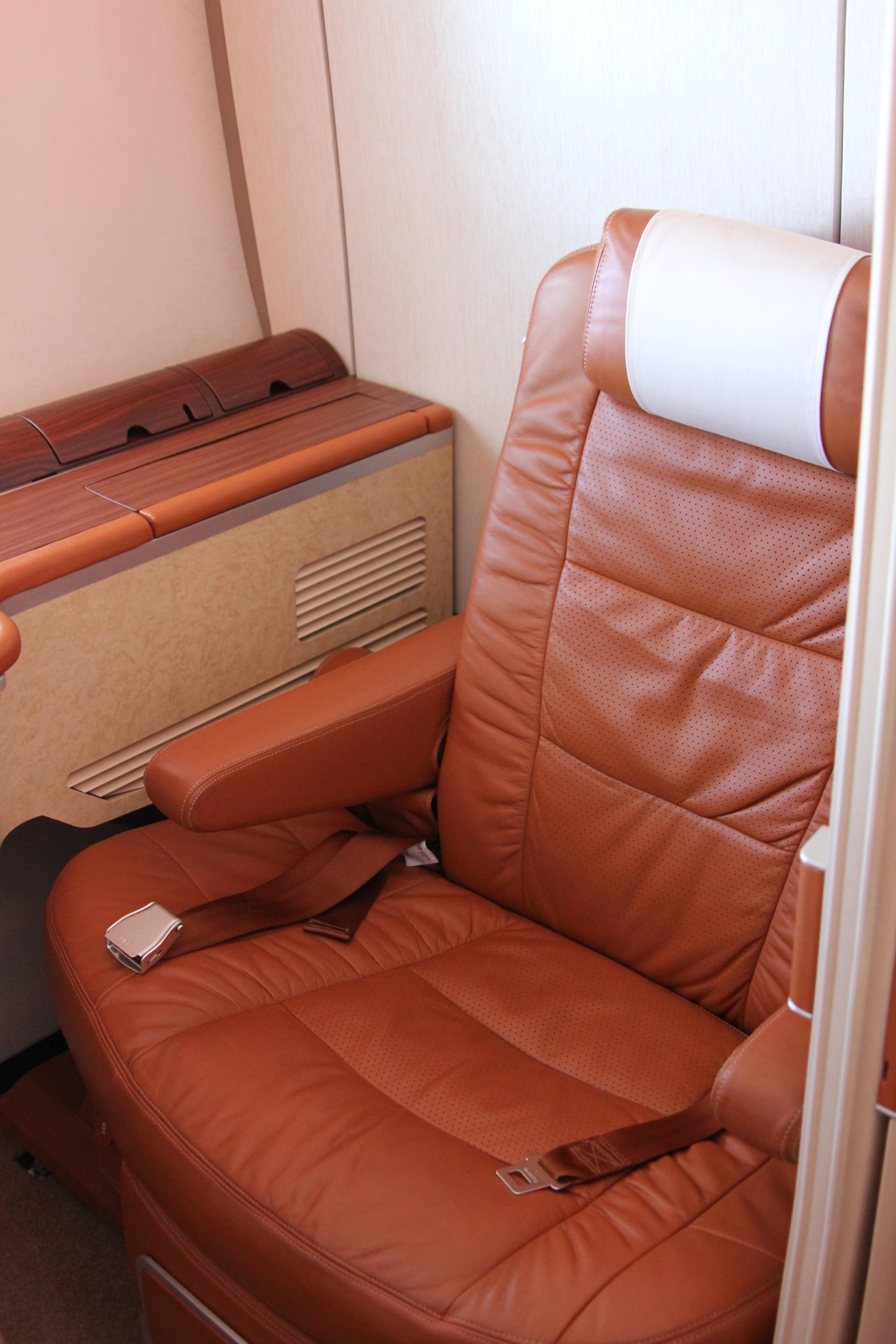 a brown leather seat with a seat belt
