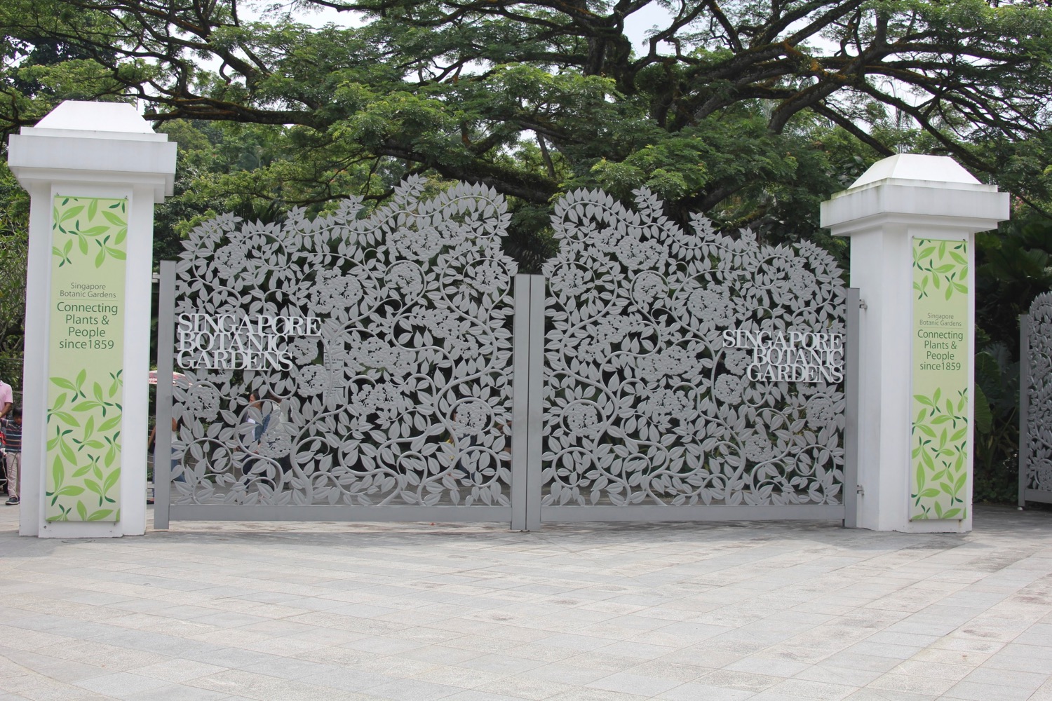 a gate with a white gate and trees in the background
